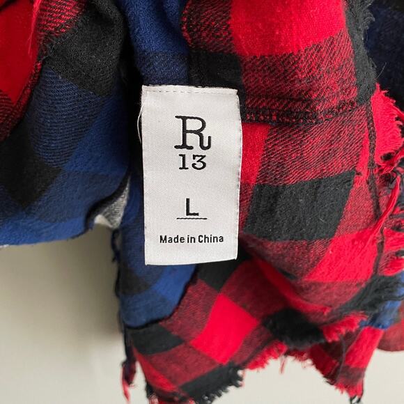R13 Pieced Navy Red Ecru Buffalo Plaid Button Up Shirt Size Large NWT - Picture 6 of 7